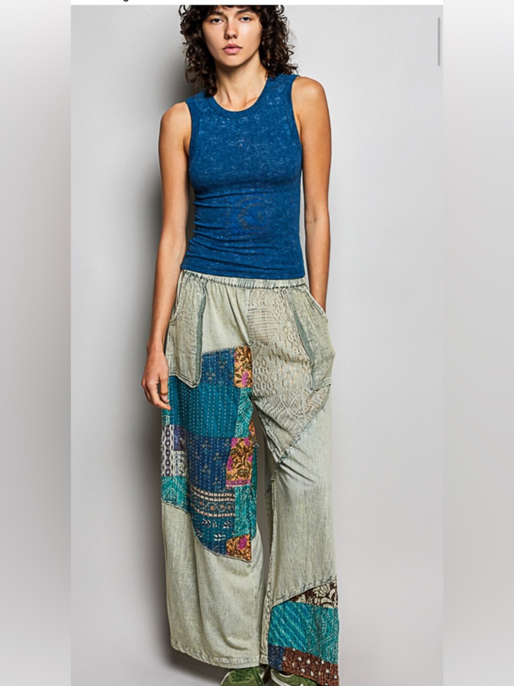 POL Bohemian Patchwork Wide-Leg Pants - Sage Multi. Small, Medium and Large